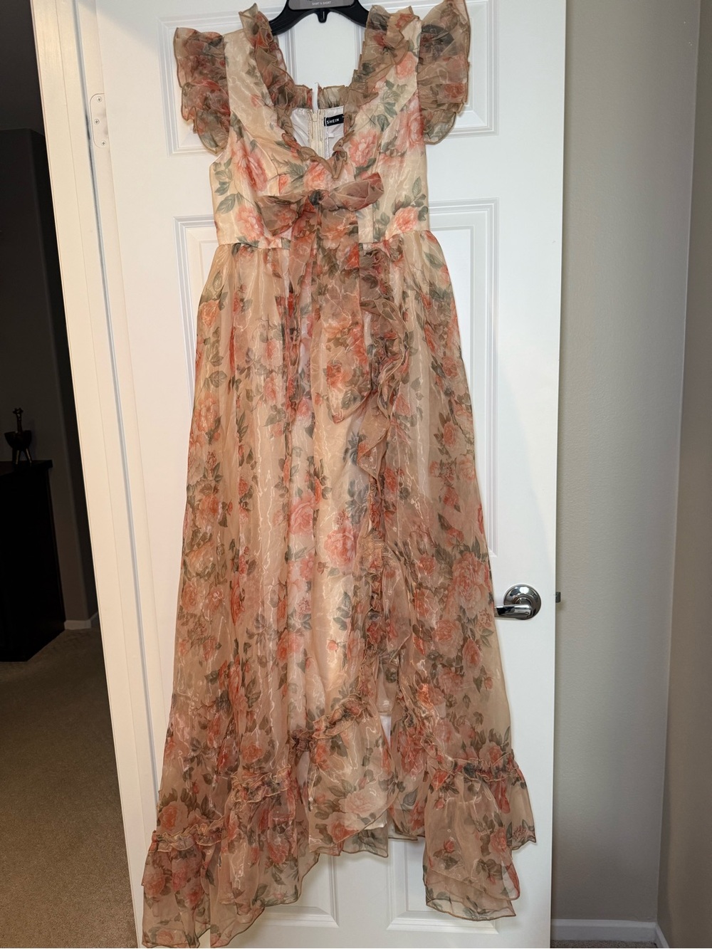 SHEIN Floral Ruffled Chiffon Maxi Dress - Peach Rose Print Size M NWT